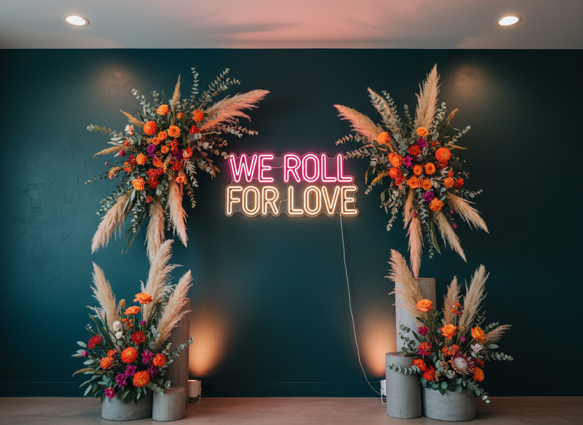A modern, minimalist wedding altar set against a dramatic dark teal wall, featuring a bold neon sign that reads “We Roll for Love” in electric pink and warm white. The sign is framed by asymmetrical arrangements of pampas grass, eucalyptus, and bright, unexpected flowers in orange and magenta, all anchored in sleek concrete bases. Uplighting at the base casts a glowing gradient up the wall, while soft overhead lighting adds gentle highlights to the neon tubing and plant textures. Photographic realism, captured from a slightly low angle to make the sign feel empowering and celebratory. The mood is rebellious yet romantic, ideal for an offbeat couple who wants their ceremony to be unapologetically their own.