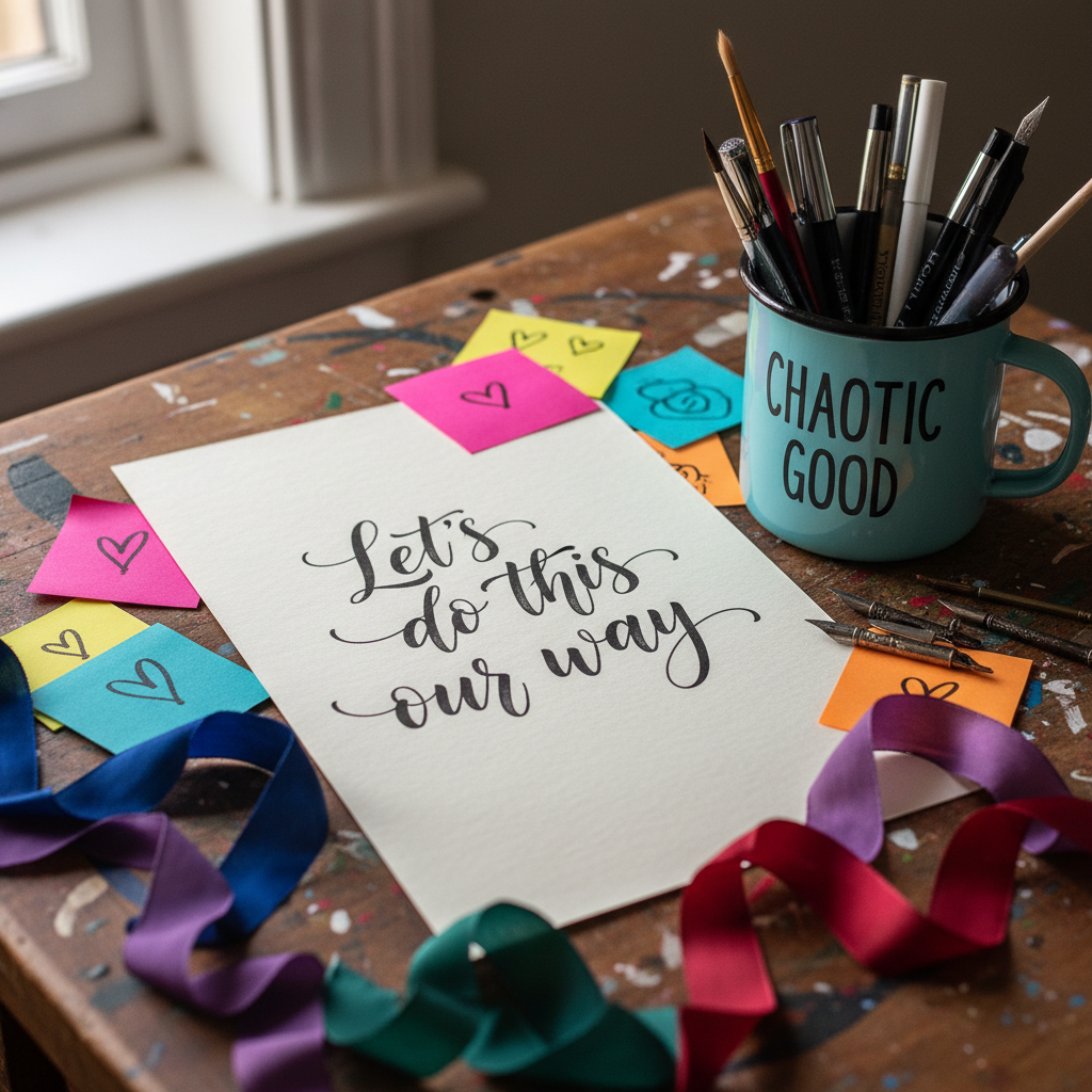 A close-up of a hand-lettered wedding ceremony script resting on a rustic, paint-splattered wooden desk, surrounded by colorful sticky notes, doodled hearts, and scattered swatches of ribbon in bold jewel tones. A quirky enamel mug that reads “Chaotic Good” sits nearby, filled with pens and fountain nibs. Soft, diffused window light from the left creates gentle shadows in the textured paper and a warm highlight on the mug’s glossy surface. Shot from a slightly elevated angle in photographic realism, the composition uses the rule of thirds to emphasize the script’s opening line: “Let’s do this our way.” The atmosphere feels creative, playful, and collaborative, reinforcing the idea of custom-crafted ceremonies full of personality.