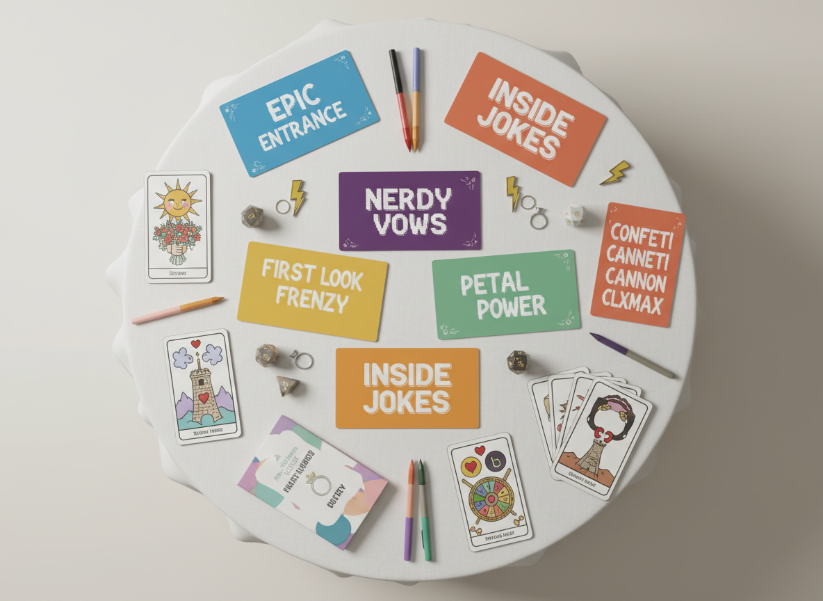 An overhead photographic view of a round table covered in a crisp white cloth, transformed into a “choose your own adventure” ceremony planning station. The table is scattered with illustrated ceremony cards labeled with headings like “Epic Entrance,” “Nerdy Vows,” and “Inside Jokes,” each in different colors and playful typography. Dice, enamel pins shaped like tiny lightning bolts, and a deck of tarot-style cards featuring symbolic wedding imagery add texture and whimsy. Soft studio lighting from above creates even illumination with subtle, inviting shadows at the edges of objects. The composition is tidy yet delightfully chaotic, with sharp focus across the entire scene, conveying a fun, game-like approach to building a unique wedding ceremony.