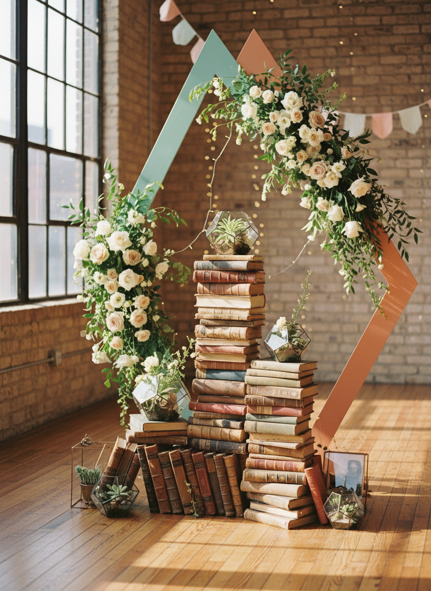 A whimsically styled wedding altar composed of stacked vintage books, faceted glass terrariums, and a pair of mismatched geometric arches painted in pastel teal and coral, all adorned with wild, untamed flowers and trailing greenery. The altar stands in a cozy loft space with exposed brick walls and warm honey-toned wooden floors. Late afternoon golden-hour sunlight pours through large industrial windows, casting playful shadows and soft highlights on metallic accents. Captured at eye level in photographic realism, with a shallow depth of field that gently blurs string lights and colorful paper garlands in the background. The mood is joyful, offbeat, and deeply personal, suggesting a ceremony tailored perfectly to a quirky, unconventional couple—even without any people present.