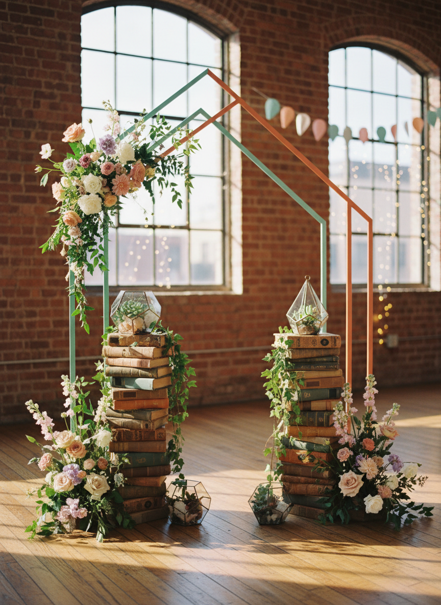 A whimsically styled wedding altar composed of stacked vintage books, faceted glass terrariums, and a pair of mismatched geometric arches painted in pastel teal and coral, all adorned with wild, untamed flowers and trailing greenery. The altar stands in a cozy loft space with exposed brick walls and warm honey-toned wooden floors. Late afternoon golden-hour sunlight pours through large industrial windows, casting playful shadows and soft highlights on metallic accents. Captured at eye level in photographic realism, with a shallow depth of field that gently blurs string lights and colorful paper garlands in the background. The mood is joyful, offbeat, and deeply personal, suggesting a ceremony tailored perfectly to a quirky, unconventional couple—even without any people present.