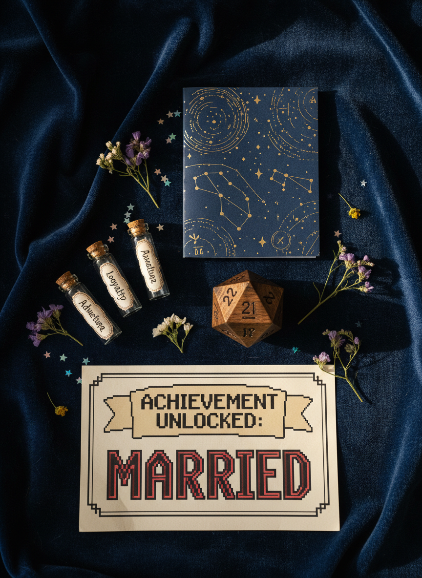 A detailed flat lay of wedding ceremony keepsakes arranged on a weathered, midnight-blue velvet backdrop: a custom vow booklet with foil-stamped constellations, a wooden ring box shaped like a twenty-sided die, tiny glass vials labeled “laughter,” “loyalty,” and “adventure,” and a playful, oversized certificate titled “Achievement Unlocked: Married.” Small confetti stars and pressed wildflowers are scattered organically between items. Side lighting from the right creates rich, dimensional shadows in the velvet and subtle reflections in the glass vials. Photographic realism, with a shallow depth of field that keeps the keepsakes sharp while softening the edges of the composition. The atmosphere feels magical, intimate, and delightfully nerdy, celebrating the story of a couple whose ceremony was clearly custom-crafted just for them.
