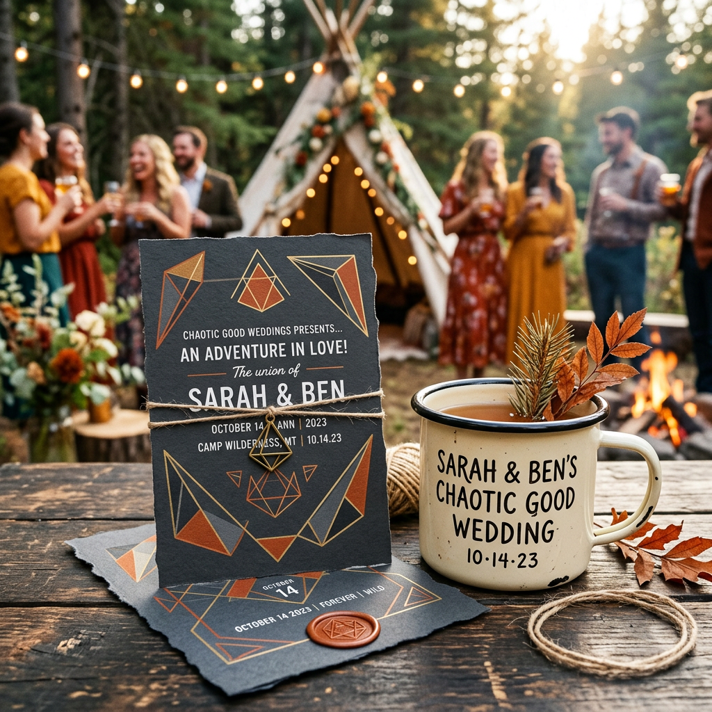 Wedding invitation and mug with autumn decor on wooden table outdoors